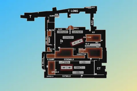 Mapa taktyczna z gry CS:GO, pokazująca rozmieszczenie **miejscówek** na mapie Train. Widoczne są kluczowe punkty jak A Main, B Ramp, T Long.