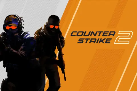 Dwóch żołnierzy w goglach z pomarańczowymi soczewkami, gotowych do akcji. Logo Counter-Strike 2.