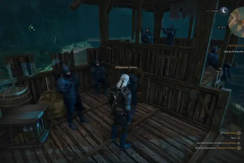 Geralt wita się z nilfgaardzkimi żołnierzami, którzy mają alternatywny wygląd jaskra.