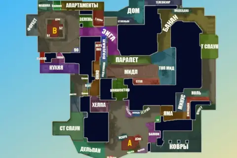 Mapa taktyczna z nazwami miejsc: Dom, Banan, T Spaw, Apartamenty, Forest, Kuchnia, Helpa, Jaskinia, Miraz.