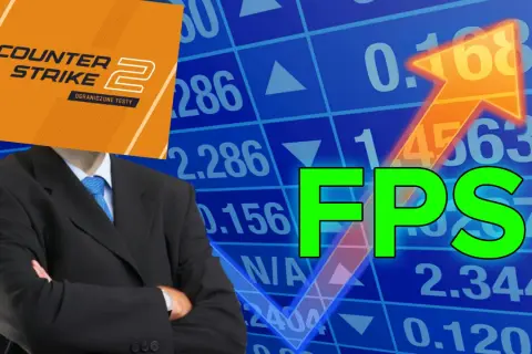 Biznesmen z logo CS2 zamiast głowy, na tle wykresów. Zielony napis "FPS" sugeruje **cs2 fps boost**.