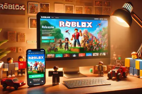 Na biurku stoi komputer z ekranem Roblox, obok telefon z tą samą grą. W tle widać logo Roblox i ozdoby. Od kiedy powstał Roblox?