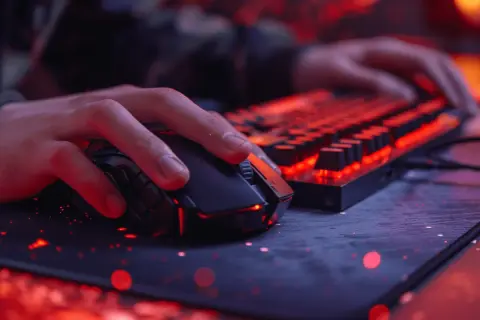 Dłoń gracza na myszce i klawiaturze z podświetleniem RGB. Optymalne spinx settings dla najlepszych wrażeń.