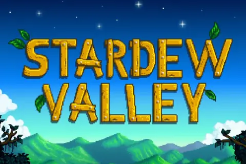 Napis "STARDEW VALLEY" w stylu rustykalnym, z liśćmi i chmurami. Czekamy na polskie spolszczenie gry!