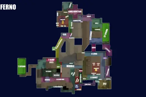 Mapa Inferno z nazwami lokacji: T Ramp, Banana, Middle, A Long, A Short, Pit, CT Spawn, T Spawn, Garden, Construction, Speedway, Library, Graveyard.