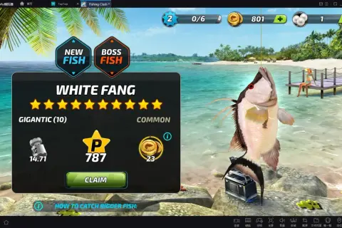 W grze Fishing Clash złowiono rybę White Fang. Gracz zdobył 787 punktów i 23 monety.