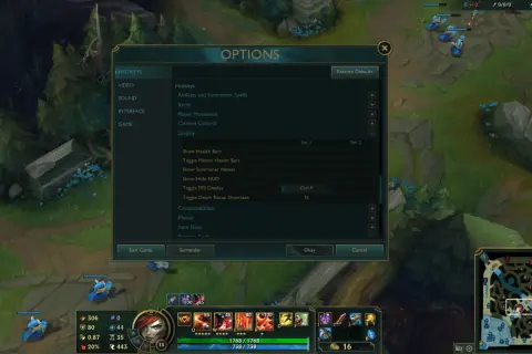 Ustawienia gry League of Legends, zakładka "Hotkeys". Aby włączyć FPS w lolu, znajdź opcję "Toggle FPS Display" i ustaw skrót klawiszowy.