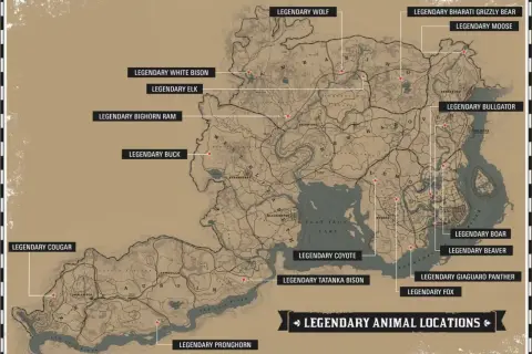 Mapa z zaznaczonymi lokalizacjami legendarnych zwierząt w RDR2: wilk, łoś, niedźwiedź grizzly, bóbr, dzik, puma, kojot, jeleń, bizon, jeleń, muflon, lis, pantera.
