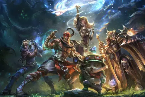 Pięć postaci z gry League of Legends, w tym Lee Sin i Lux, gotowych do walki. Tysiące graczy codziennie gra w lola.