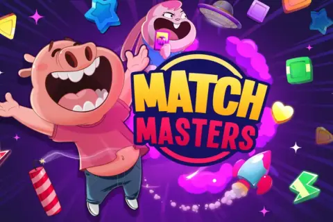 Wesoły prosiak i króliczek świętują w grze Match Masters, gdzie czekają darmowe prezenty i mnóstwo zabawy!