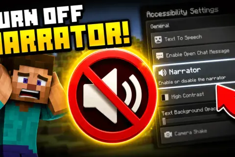 Jak wyłączyć narratora w Minecraft. Steve jest przerażony, a na ekranie widać menu ustawień dostępności z podświetloną opcją "Narrator".