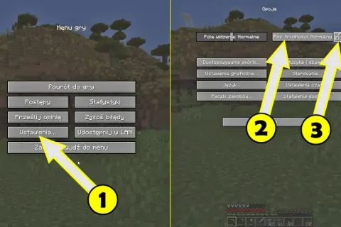 Jak zmienić poziom trudności w Minecraft komendą: kliknij "Ustawienia" (1), potem "Poz. trudności" (2, 3) i wybierz pożądany poziom.