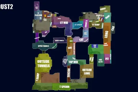 Mapa Dust2 z zaznaczonymi miejscówkami. Od T Spawn po B Platform, przez CT Mid i Long, każdy gracz znajdzie tu swoje ulubione miejscówki.