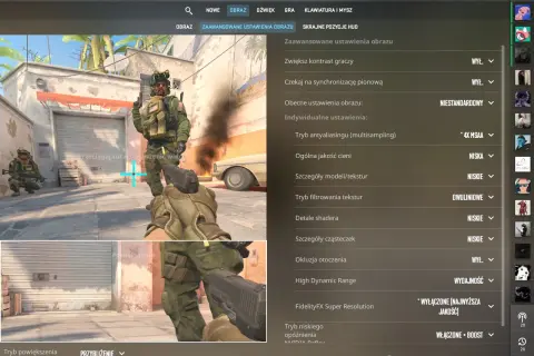Ustawienia graficzne CS:GO, gdzie można znaleźć opcję jak wyłączyć rozgrzewkę. Widok menu z opcjami graficznymi.