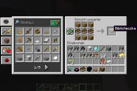 Jak zrobić książkę z piórem w Minecraft? W crafting table ułóż 3 deski i 3 księgi, by stworzyć biblioteczkę.