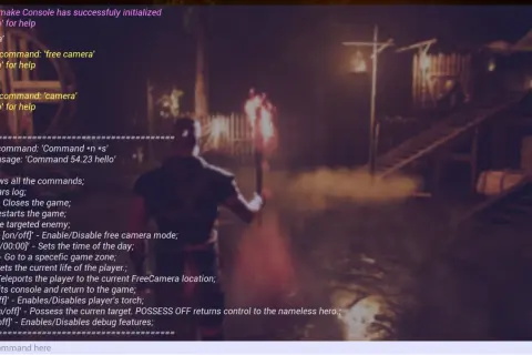 Konsola Gothic Remake wyświetla komendy, w tym te z kroniki Myrtany, pomagając graczowi w nawigacji i debugowaniu.