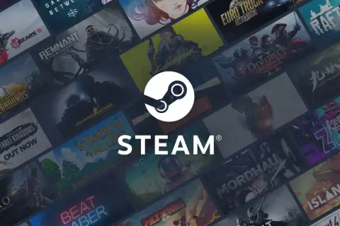 Tło z okładkami gier Steam, logo Steam i napisem "STEAM". Wiele tytułów, jak widać, ile jest gier na Steam.