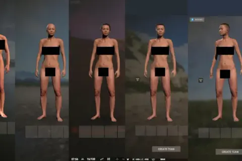 Postacie z gry Rust, prezentujące różne modele i opcje tworzenia postaci.