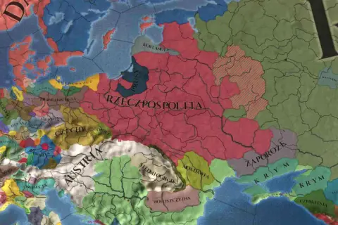 Mapa Europy z gry Europa Universalis 4. Widoczna Rzeczpospolita, Austria, Czechy i inne państwa. Spolszczenie gry dodaje polskie nazwy.