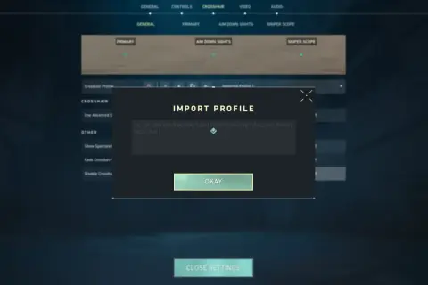 Okno "IMPORT PROFILE" z kodem ustawień celownika. Kliknij "OKAY", by zaimportować swój ulubiony scream crosshair.