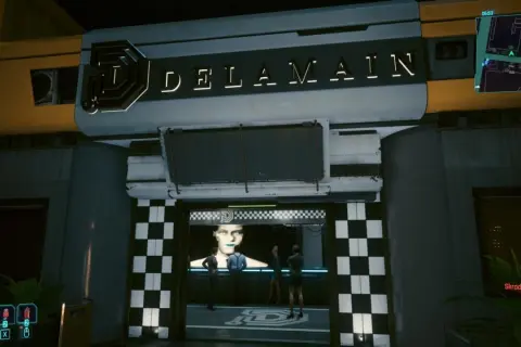 Wejście do Delamain, z neonowym logo i ekranem z twarzą. Czekam na **delamain readmisja**.