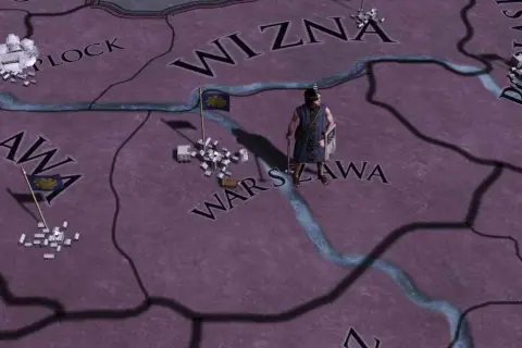 Mapa Europa Universalis 4 z widocznymi nazwami prowincji jak Płock, Rawa, Wizna, Warszawa. Postać w stroju historycznym stoi obok flagi.