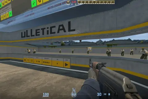 Gracz ćwiczy celność na mapie z warsztatu CS GO, strzelając do botów.
