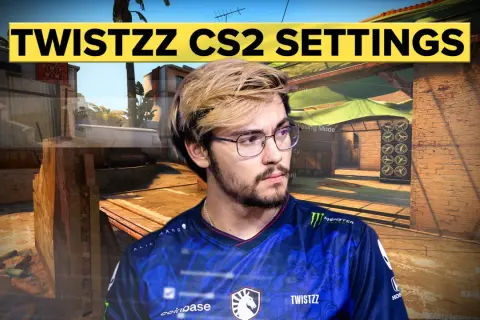 Gracz CS2, Twistzz, w swoim charakterystycznym stroju, z ustawieniami gry widocznymi w tle. Jego celownik, czyli twistzz crosshair, jest kluczowy dla precyzyjnych strzałów.