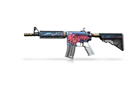 Karabin M4A4 z motywem czerwonych kwiatów i niebieskiego tła, idealny do operacje CS GO.