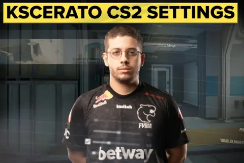 Kscerato CS2 settings z graczem w czarnej koszulce. Widoczne opcje graficzne gry.