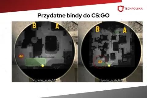 Dwie mapy z zaznaczonymi obszarami, pokazujące przydatne bindy do CS:GO.