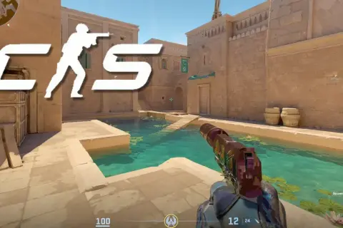 Gracz CS GO z pistoletem w ręku, gotowy do akcji w stylu Overwatch, na mapie Canal.