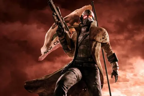 Żołnierz z flagą Nowej Kalifornii, gotowy do walki. Może przydać się do ułatwienia rozgrywki, gdy szukasz **fallout new vegas kody**.
