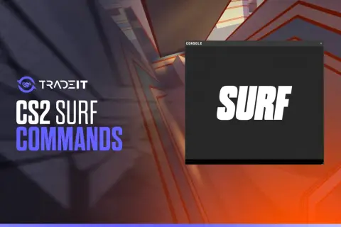 Tradeit prezentuje komendy do CS2 Surf. Na ekranie konsoli widnieje napis SURF.