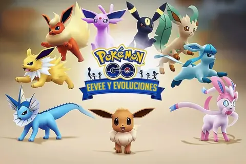 Wszystkie ewolucje Eevee z Pokémon GO, w tym Vaporeon, Jolteon, Flareon, Espeon, Umbreon, Leafeon, Glaceon i Sylveon, otaczają logo gry.
