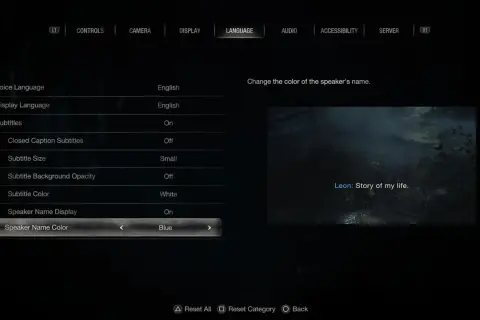 Ustawienia języka w Resident Evil 4 Remake. Możliwość zmiany koloru napisów, by ułatwić grę z polskim spolszczeniem.