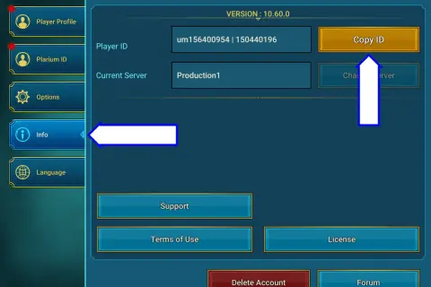 Ekran ustawień gry Raid Shadow Legends. Widoczny jest przycisk "Copy ID", który może być pomocny przy wprowadzaniu raid shadow legends kody.