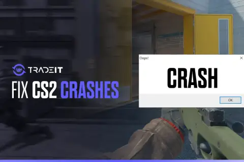 Komunikat "CRASH" na ekranie gry CS2, obok napisu "FIX CS2 CRASHES" i logo Tradeit.