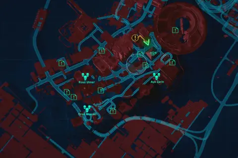Mapa z gry z zaznaczonymi celami: Ross Ulmer, Ayo Zarin, Dron Arasaka. Wiele ikon zadań i zagrożeń. **Cyberpunk trofea** czekają!