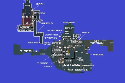 Mapa nuke z zaznaczonymi lokacjami: A Site, B Site, CT Spawn, T Spawn, Ramp, Hell, Garage.