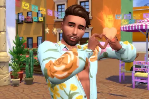 Sympatyczny Sim z gry The Sims 4 tworzy serce z dłoni, emanując miłością i radością.