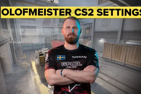 Olofmeister w CS2, prezentuje swoje ustawienia. Widoczny na tle mapy z gry, w koszulce z logo GFUEL i flagą Szwecji.