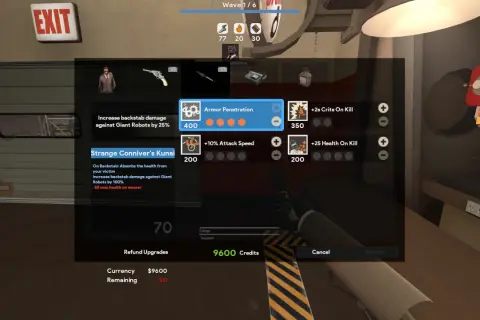 Menu ulepszeń dla postaci Spy z gry TF2. Dostępne są ulepszenia takie jak "Armor Penetration" i "Strange Conniver's Kunai".