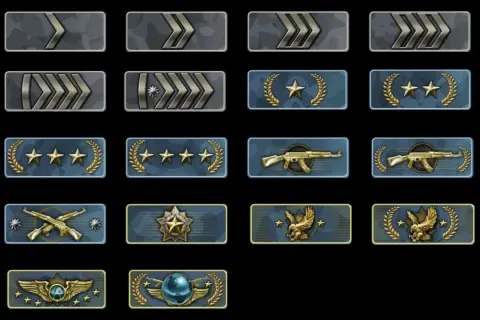 Ikony rang z gry CS:GO. Od najniższych, szarych strzałek, przez gwiazdki i karabiny, po orły i globus. Każdy gracz marzy o zdobyciu najwyższego csgo ranka.