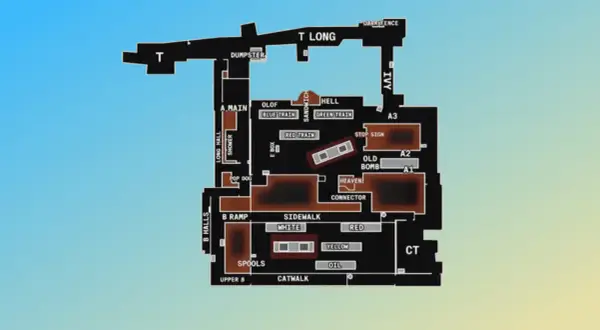 Mapa taktyczna z gry CS:GO, pokazująca rozmieszczenie **miejscówek** na mapie Train. Widoczne są kluczowe punkty jak A Main, B Ramp, T Long.