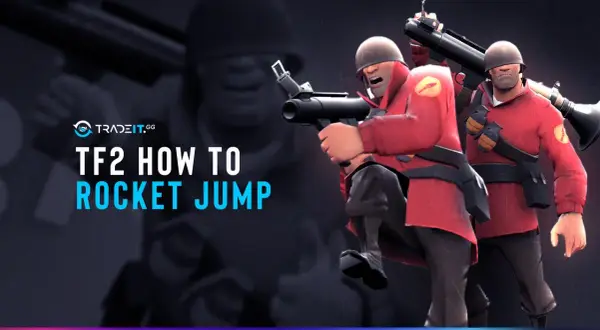 Dwóch żołnierzy z TF2 w czerwonych strojach, jeden z rakietnicą, gotowych do skoku.