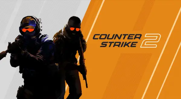 Dwóch żołnierzy w goglach z pomarańczowymi soczewkami, gotowych do akcji. Logo Counter-Strike 2.