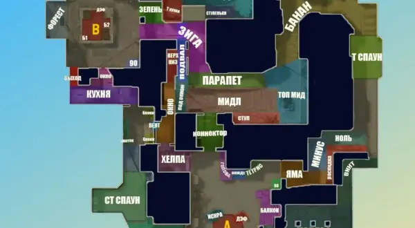 Mapa taktyczna z nazwami miejsc: Dom, Banan, T Spaw, Apartamenty, Forest, Kuchnia, Helpa, Jaskinia, Miraz.