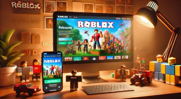 Na biurku stoi komputer z ekranem Roblox, obok telefon z tą samą grą. W tle widać logo Roblox i ozdoby. Od kiedy powstał Roblox?