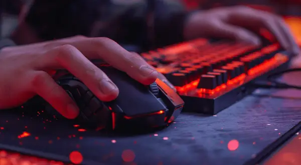 Dłoń gracza na myszce i klawiaturze z podświetleniem RGB. Optymalne spinx settings dla najlepszych wrażeń.